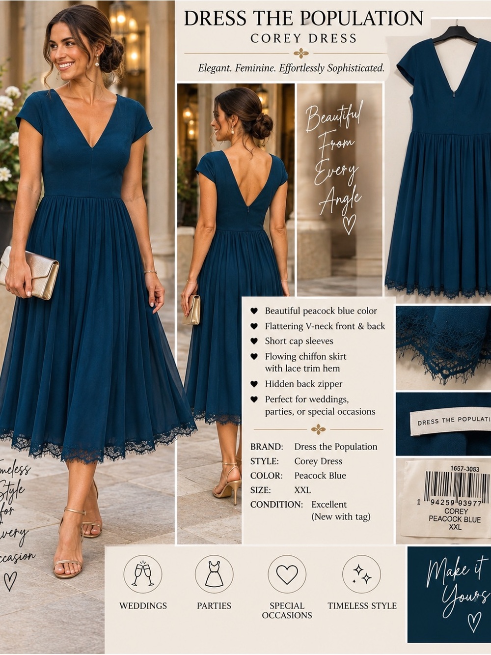 Dress the Population Peacock Blue V‑Neck Fit-and-Flare Dress. New with tag